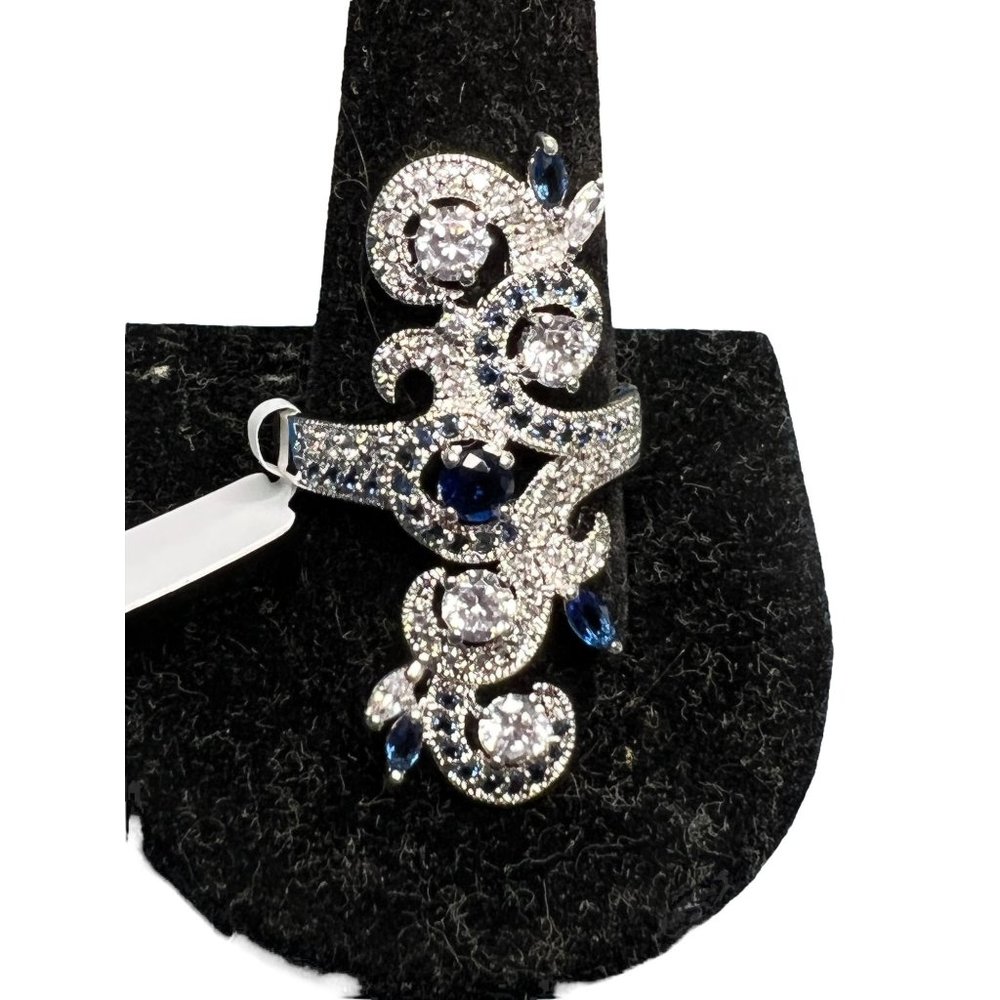 Palm Beach Jewelry Simulated Sapphire CZ Elongated Vine Ring Silver Tone Sz 12 N